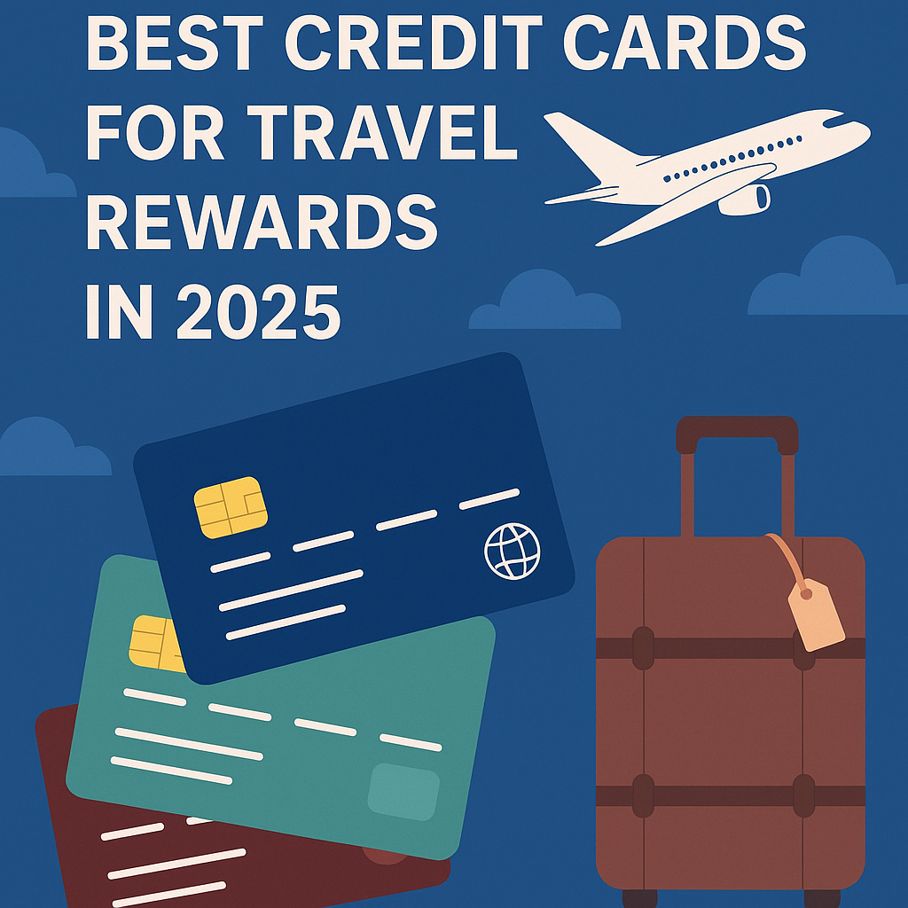 Illustration showing credit cards, travel icons, and airplane representing best travel credit cards for 2025