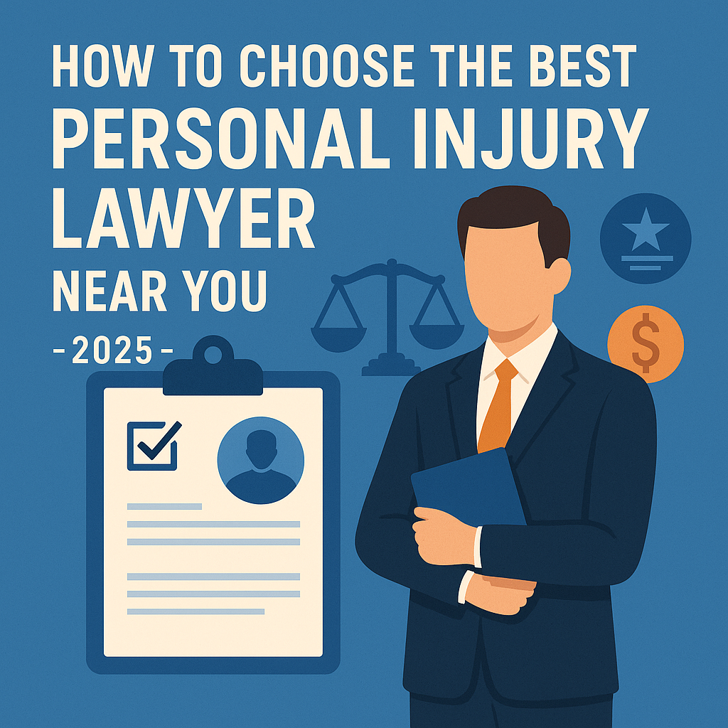Illustration of a personal injury lawyer, checklist, and justice scale highlighting tips for hiring the best attorney near you in 2025