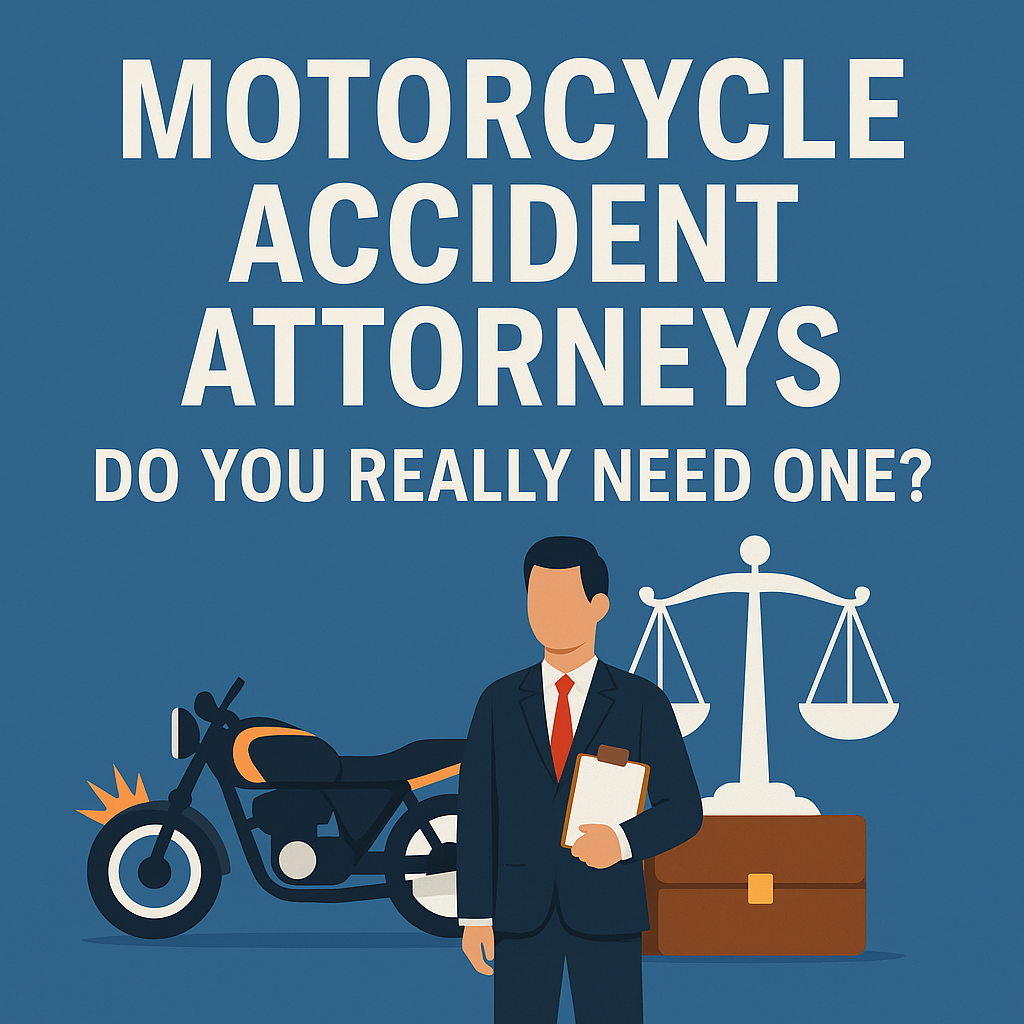 Illustration of a motorcycle accident lawyer standing beside a crashed bike and legal scale