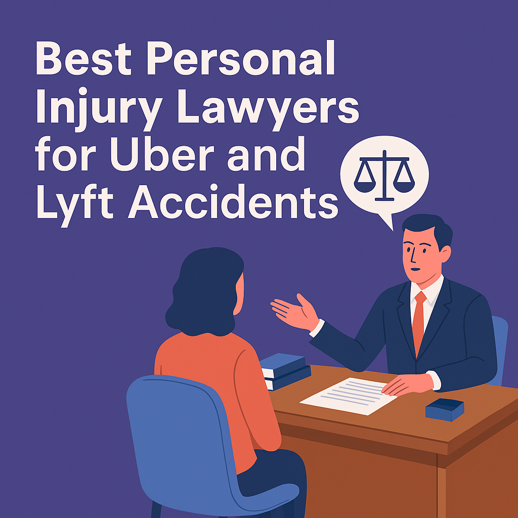 Digital illustration showing a car accident involving an Uber or Lyft vehicle and a lawyer providing assistance.