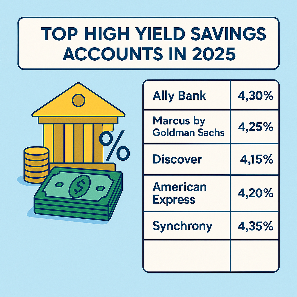 Infographic showing APY comparison of top U.S. high yield savings accounts in 2025 including Ally, Marcus, Discover, American Express, and Synchrony