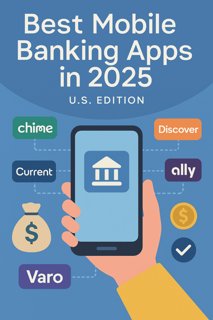 Infographic showing top mobile banking apps in the U.S. for 2025 including Chime, Discover, Ally, Current, and Varo