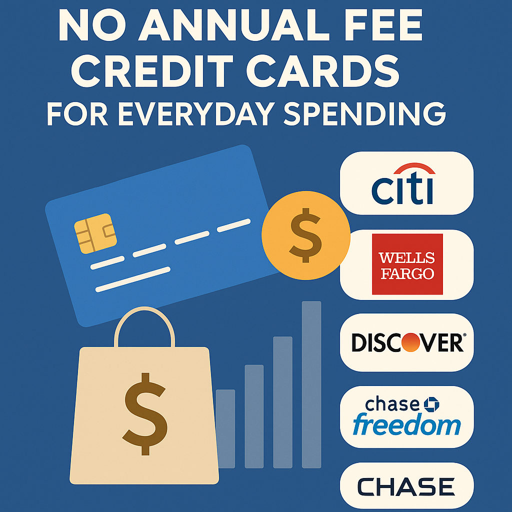 Infographic comparing top no annual fee credit cards in 2025 including Citi, Wells Fargo, Discover, Chase Freedom, and Chase