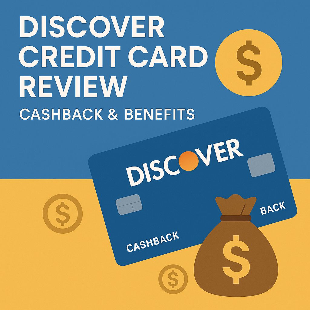 Illustration of Discover credit card with cashback icons and money bag representing rewards and benefits in 2025