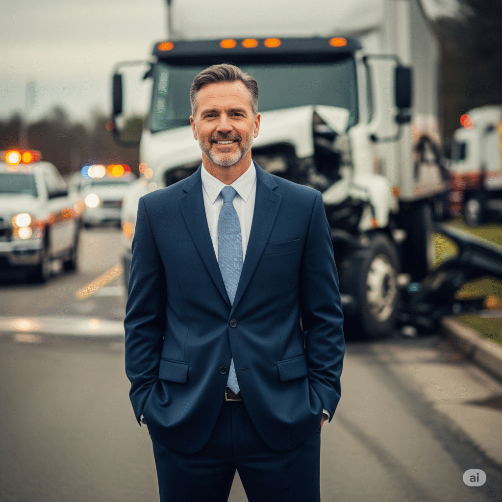 A confident truck accident lawyer in a blue suit stands in front of a damaged commercial truck, with emergency lights in the background.