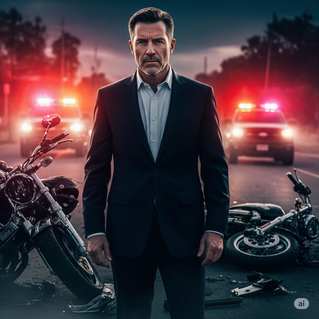 A determined motorcycle accident attorney stands amidst a motorcycle crash scene with emergency lights in the background.