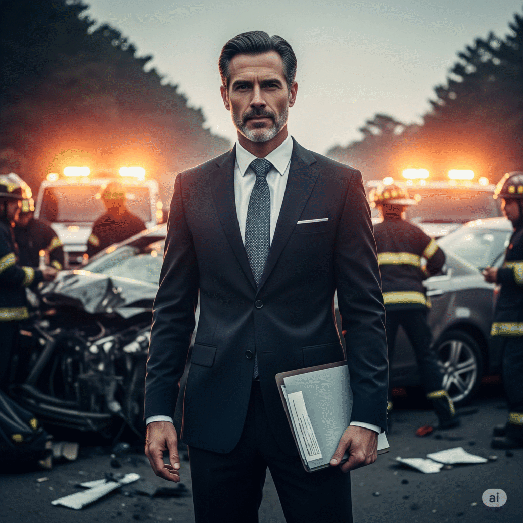 A determined car accident lawyer stands confidently amidst the wreckage of a car accident scene with emergency lights in the background.