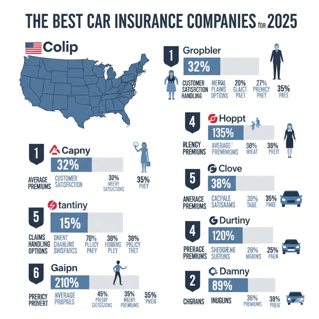 Infographic showing a ranking of the best car insurance companies in the U.S. for 2025, with metrics like customer satisfaction, premiums, and policy options.