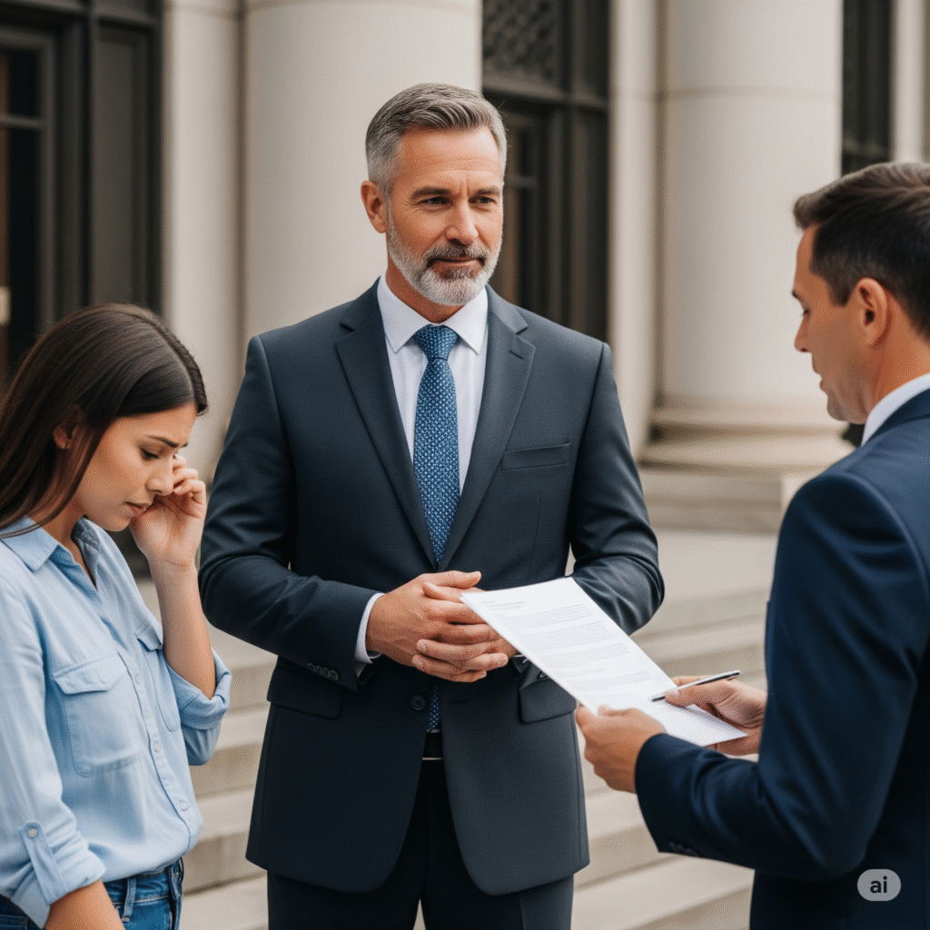 A compassionate pedestrian accident lawyer in a suit listens to a client while reviewing legal documents outside a courthouse.