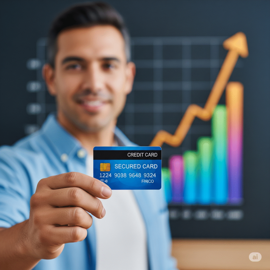 Secured credit card illustration with a padlock and credit score gauge, representing building credit score quickly in 2025