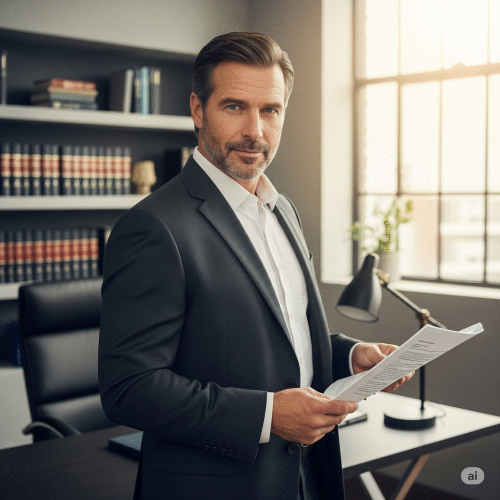 A confident slip and fall accident lawyer holding legal documents, discussing claim value in an office setting.