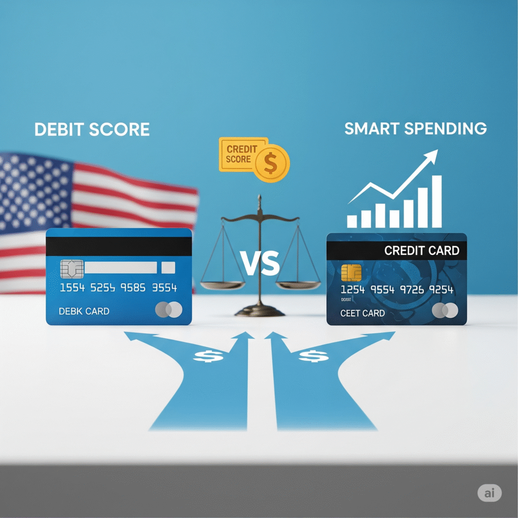 Illustration comparing a debit card linked to a bank account and a credit card, representing different spending methods and financial impacts