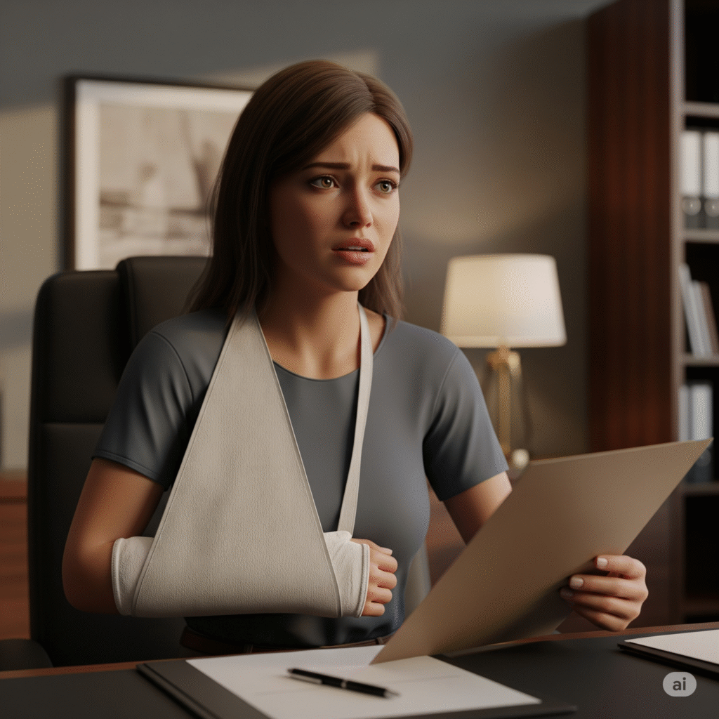 Illustration of a person speaking with a personal injury lawyer after an accident, highlighting key legal concerns.